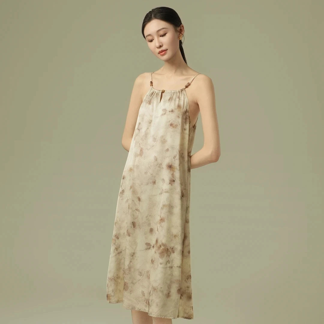 达芬奇密新款吊带裙复古碎花夏季少女带胸垫睡裙女家居服冰丝丝绸