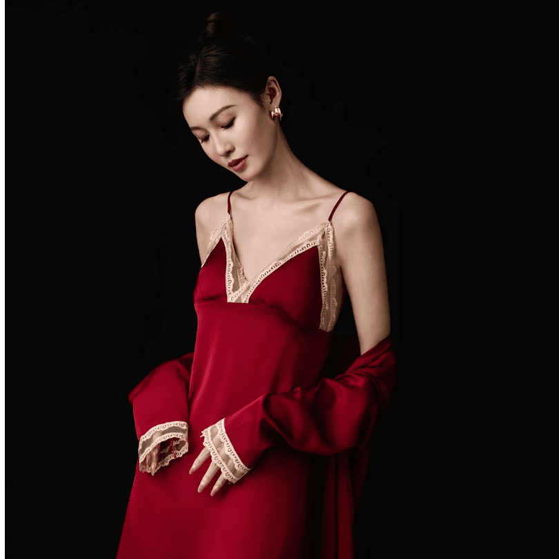 2026春夏新款高级感纯欲风冰丝吊带睡袍性感睡衣裙红色结婚家居服