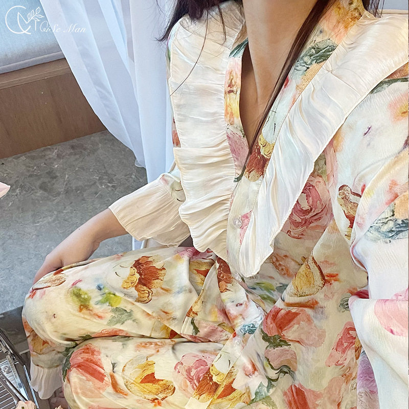高级感轻奢法式宫廷风睡衣女春秋季长袖甜美花边花色荷叶边家居服