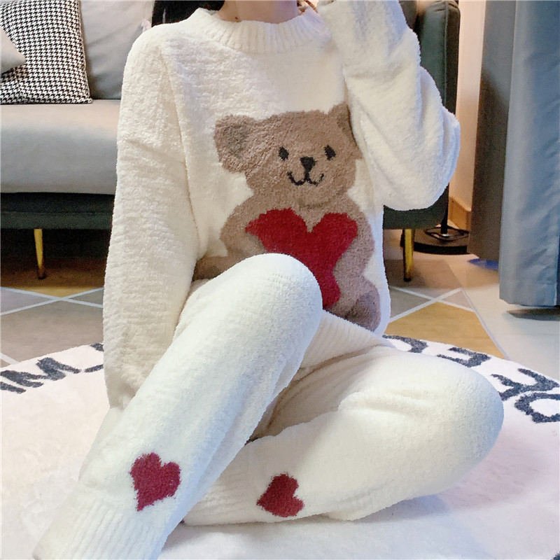 2025冬季新款高级感半边绒软绵绵睡衣女软糯小熊爱心保暖家居服厚