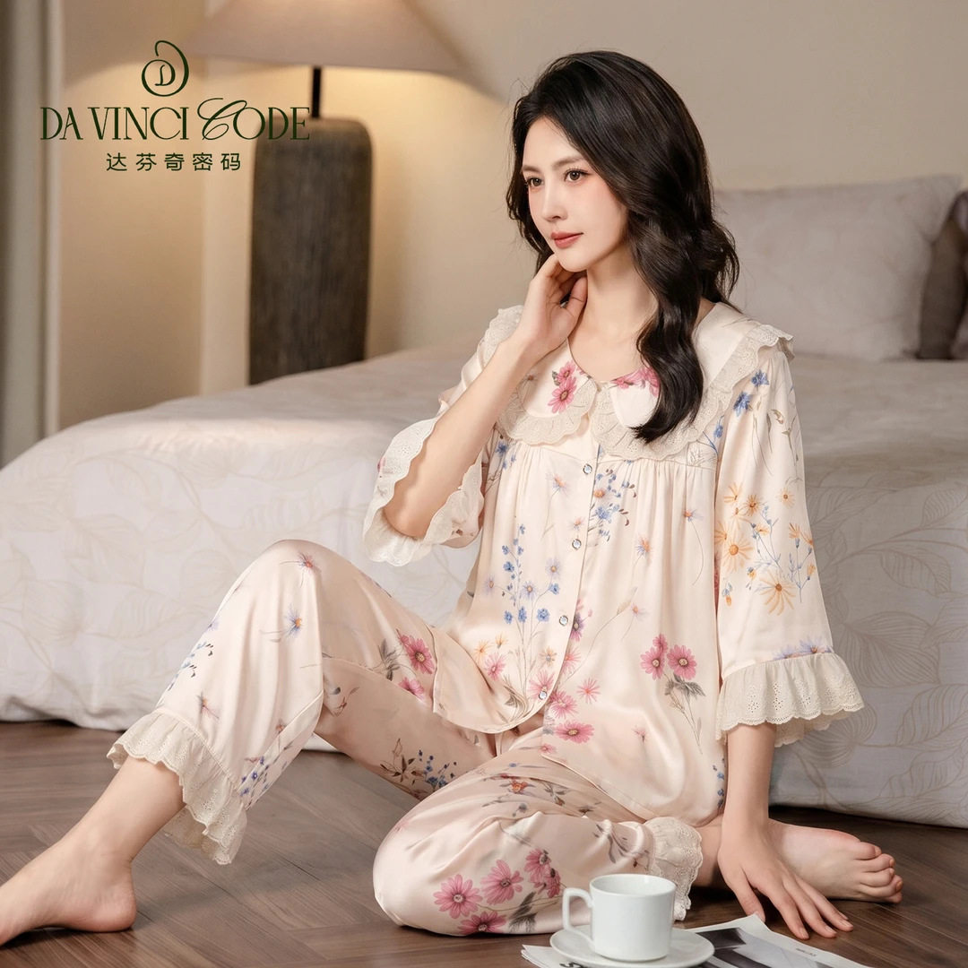 达芬高级感新款玫瑰知眠法式花边娃娃领睡衣女冰丝可外穿家居服