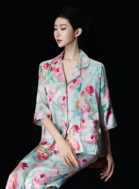 达芬奇2026夏新款七分袖宽松睡衣女冰丝绸玫瑰家居服可外穿送妈妈