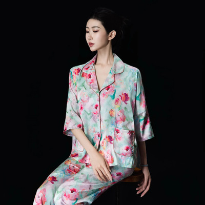达芬奇2026夏新款七分袖宽松睡衣女冰丝绸玫瑰家居服可外穿送妈妈