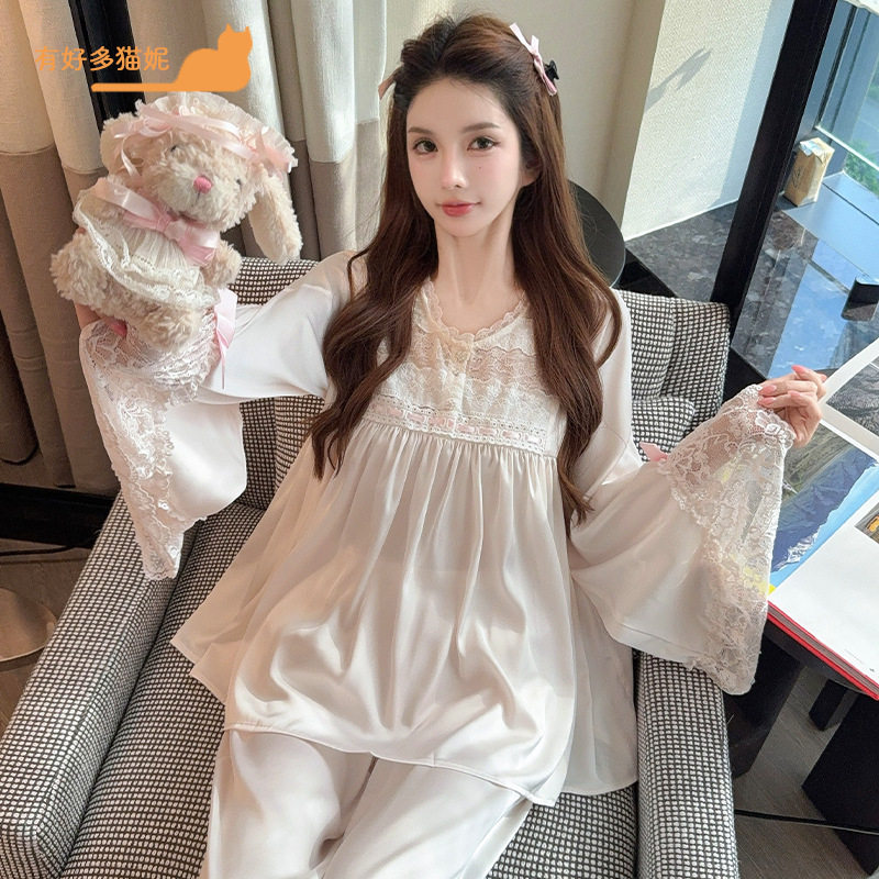 新款冰丝女春夏高级感法式蕾丝睡衣套装公主风喇叭袖家居服可外穿