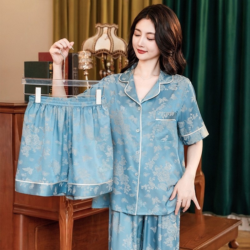 2026春夏高级感睡衣女短袖长裤三件套真冰丝绸家居服国风复古睡裙