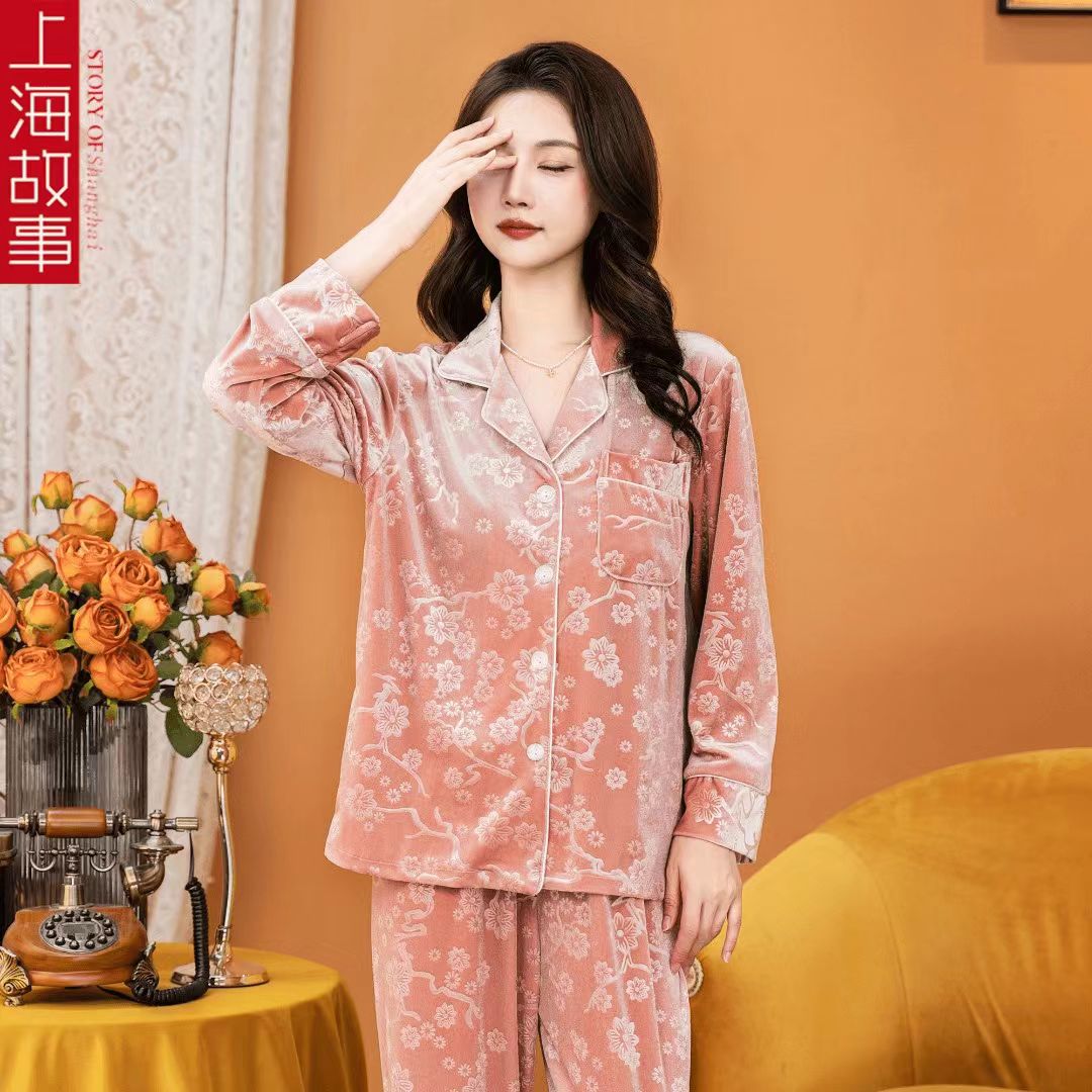 达芬奇密睡衣女士新款国风金钻绒家居服加厚保暖秋冬金丝绒居家服