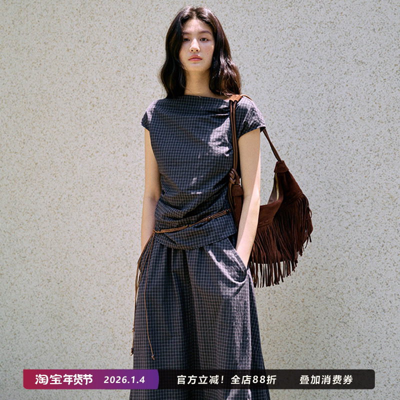 Jicouture纯棉格纹斜肩上衣花苞裙套装女夏季一字短袖半裙两件套,女装/女士精品,时尚套装,淘宝优惠券,粉丝福利购,淘宝优惠卷