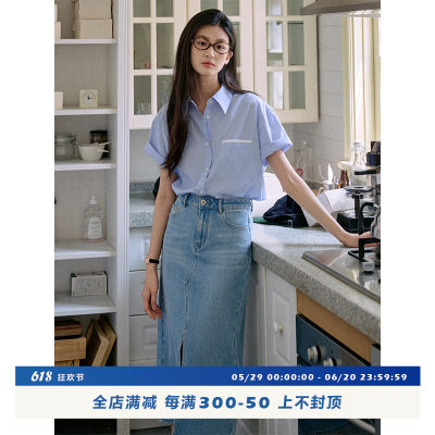 Jicouture“TomBoy”纯棉细条拼接短袖衬衫女夏季设计感休闲上衣