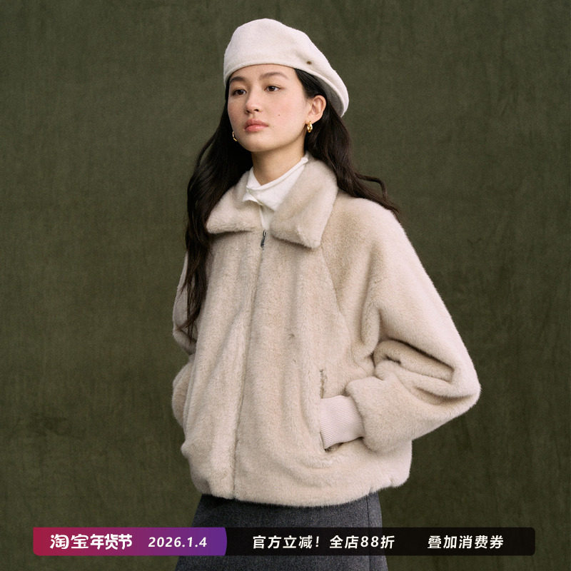 Jicouture 环保皮毛米色拉链短外套女秋冬复古翻领高级感显瘦上衣,女装/女士精品,短外套,淘宝优惠券,粉丝福利购,淘宝优惠卷