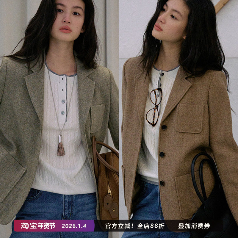 Jicouture羊毛毛呢西装外套女秋冬新款显瘦三粒扣双口袋休闲上衣