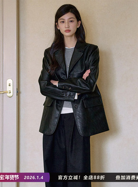 Jicouture “Classic fit”黑色西装皮衣女秋季新款复古PU皮外套