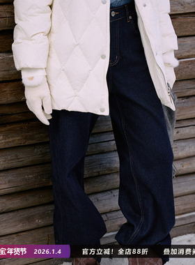 Jicouture“Demin系列”原色加绒牛仔阔腿裤女冬季长款直筒拖地裤