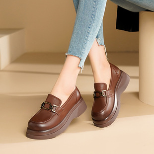 春秋新款真皮小皮鞋英伦风厚底头层牛皮单鞋大码复古平底乐福鞋女
