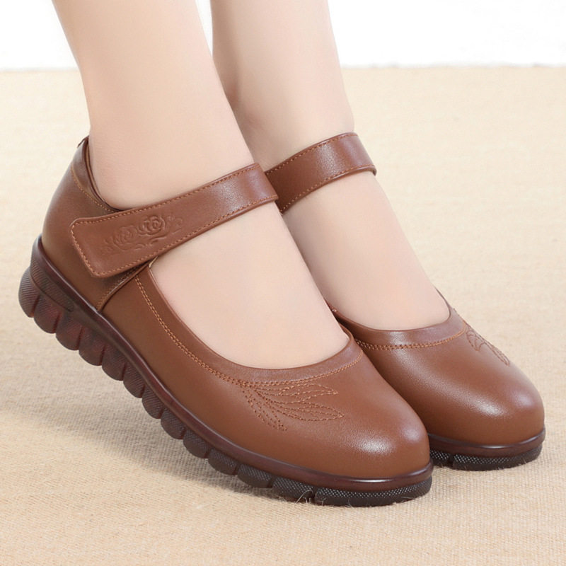 妈妈真皮软底工作鞋单鞋中老年女士跳舞鞋老人皮鞋舒适魔术贴女鞋