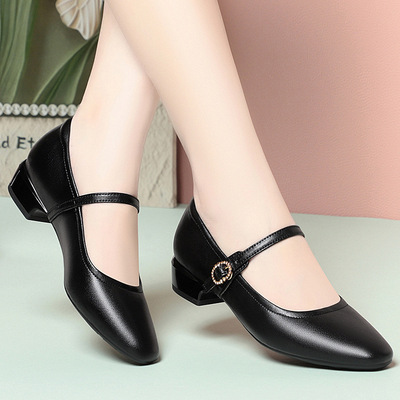 热销真皮玛丽珍女士皮鞋女粗跟软底浅口单鞋舒适中跟女鞋7891