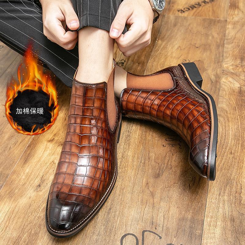 跨境大码男式皮靴子鳄鱼纹高帮棉鞋时尚男士商务皮鞋加绒切尔西靴