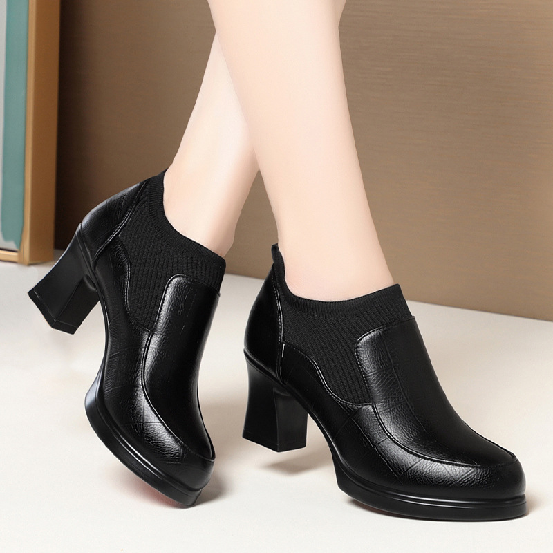 深口单鞋女春秋新款防水台女鞋弹力松紧口粗跟妈妈皮鞋高跟鞋