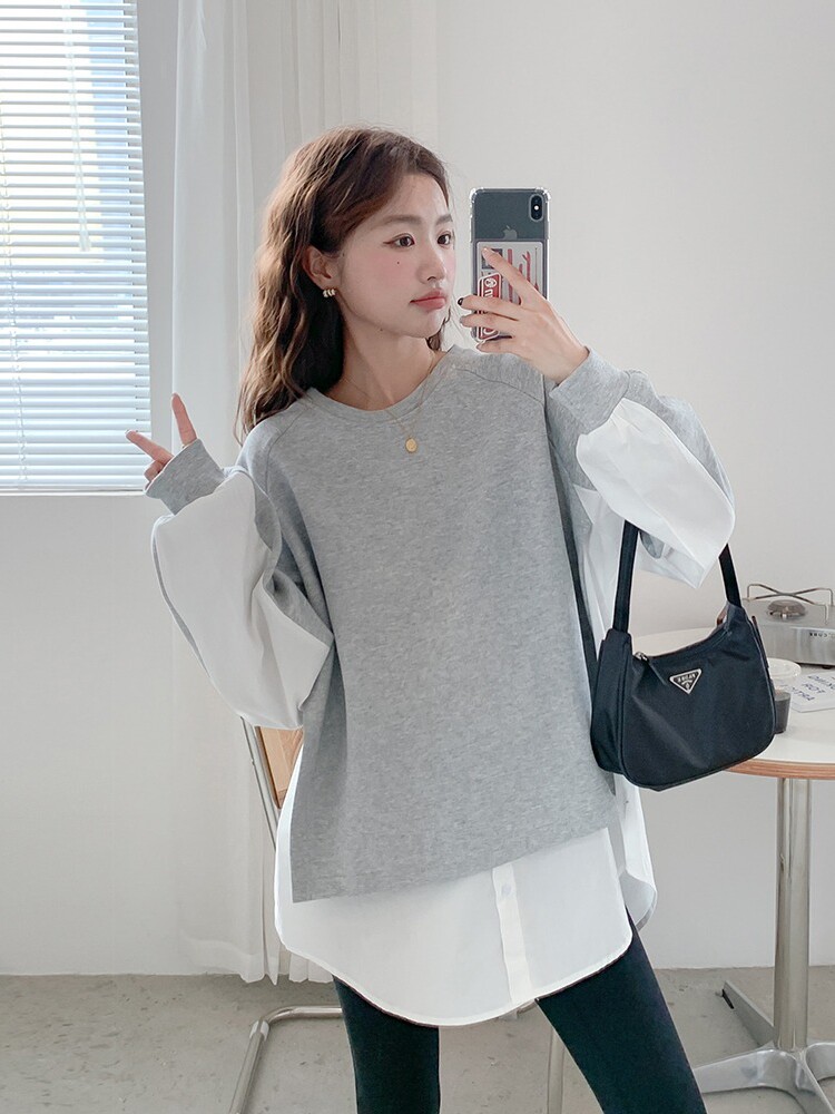 임산부를 위한 가을 상의 패셔너블하고 루즈한 배색 스플리싱 중간 길이의 스웨트셔츠 하의 셔츠 봄 가을 산모복