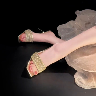 性感方头金色水钻细跟露趾高跟鞋