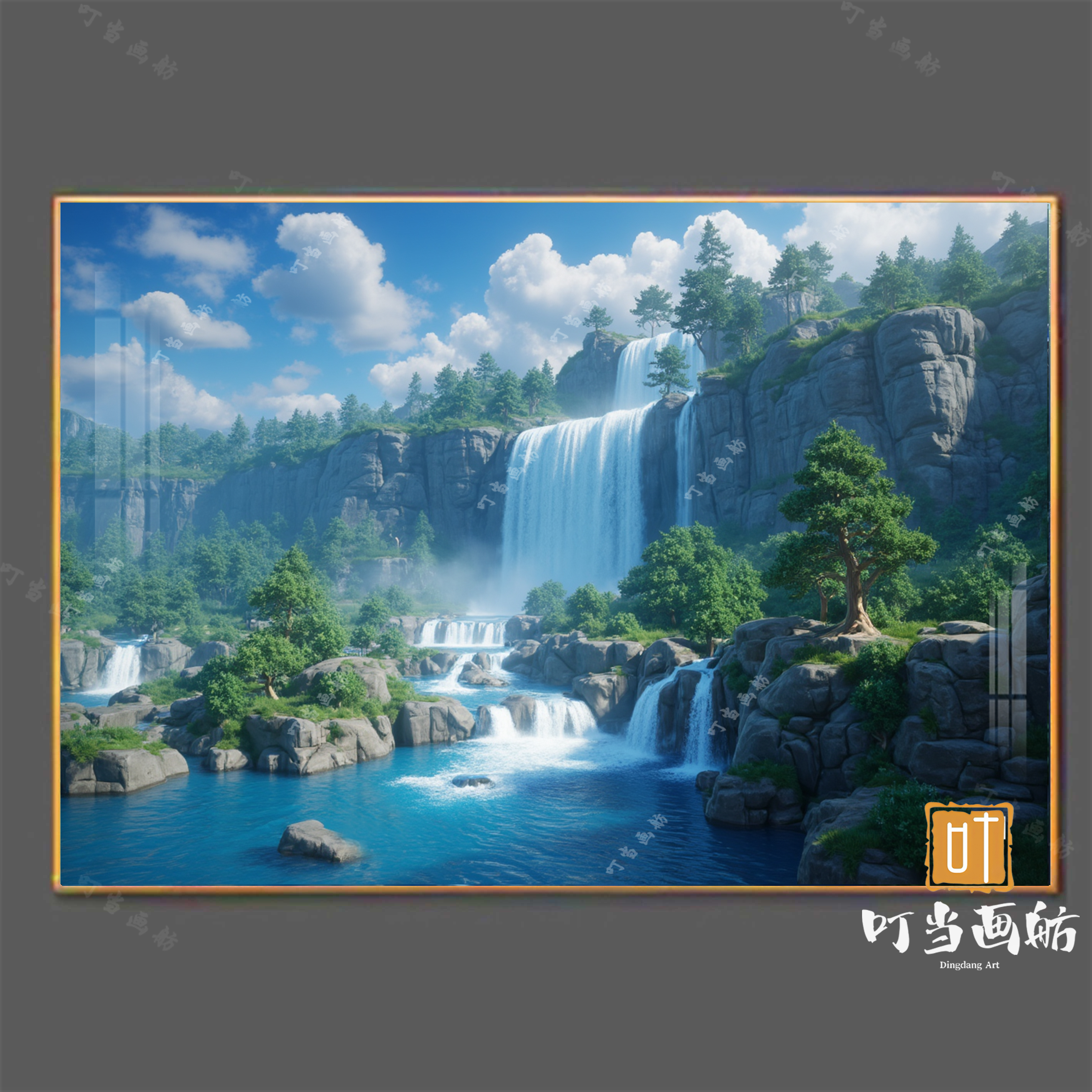 瀑布山水画铝合金外框画瀑布装饰画平面晶瓷客厅玄关房间图片