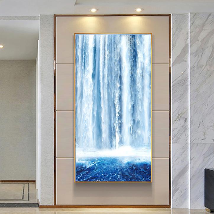 瀑布山水麋鹿九鱼装饰框画铝合金框平面晶瓷挂画轻奢玄关客厅山水图片