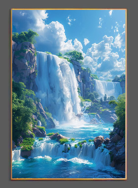 聚宝盆瀑布山水画客厅装饰画沙发背景墙画玄学风水晶瓷挂画免打孔