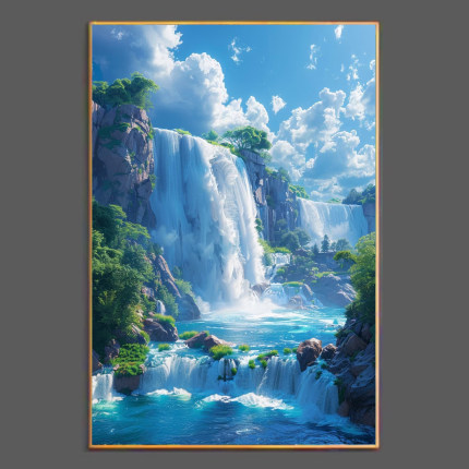 聚宝盆瀑布山水画客厅装饰画沙发背景墙画玄学风水晶瓷挂画免打孔