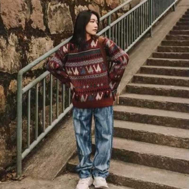 2021 FALL|WINTER JAPANESE TREND KNIT SWEATER ETHNIC STYLE COUPLE OUTFIT KOREAN LOOSE CHRISTMAS CASUAL SWEATER MENS TREND