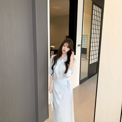 设计感假两件蓝色衬衫连衣裙女早秋季小众设计显瘦气质POLO长裙