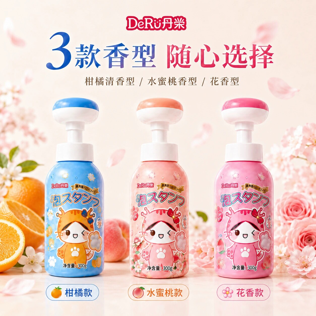 日本丹之荣儿童泡沫猫爪泡泡洗手液柑橘水蜜桃花香300ML