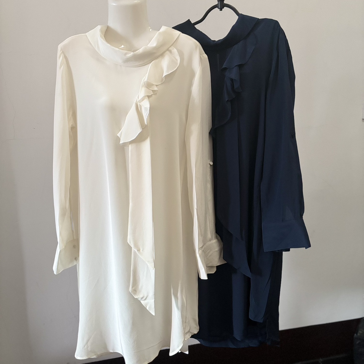 真丝双绉荷叶领带连衣裙女春夏