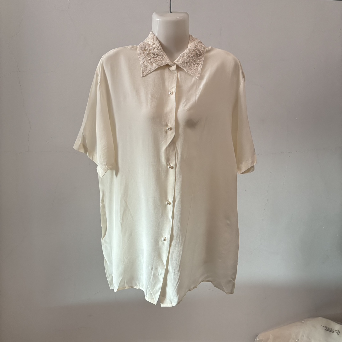 真丝双绉钉珠蕾丝花边领衬衫短袖女100%桑蚕丝通勤纯色上衣