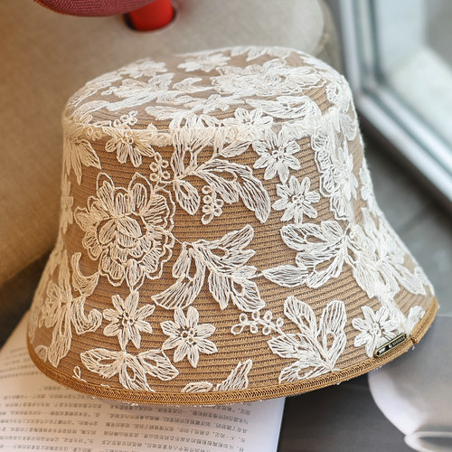 法式复古蕾丝花朵草编水桶帽夏日
