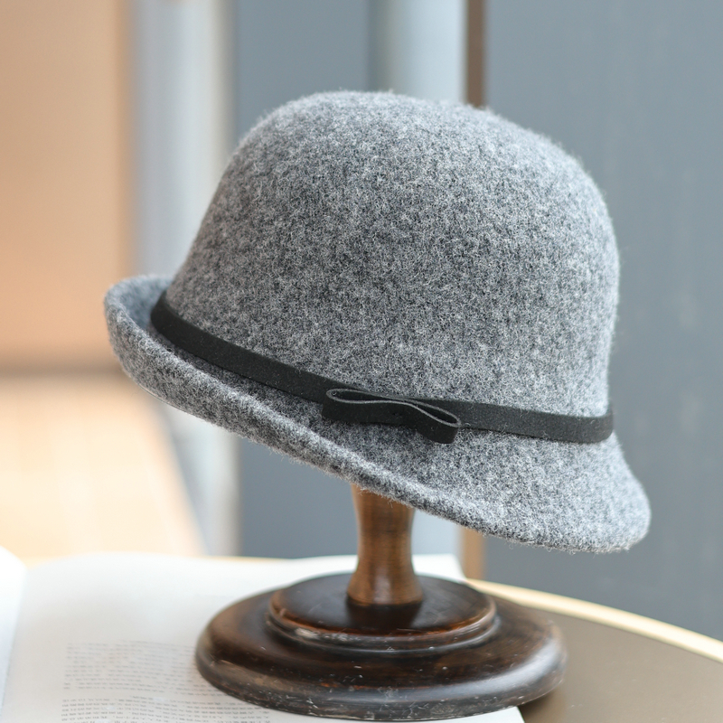 帽范 日系蝴蝶结织带翘边渔夫帽秋冬优雅羊毛混纺复古百搭盆帽女