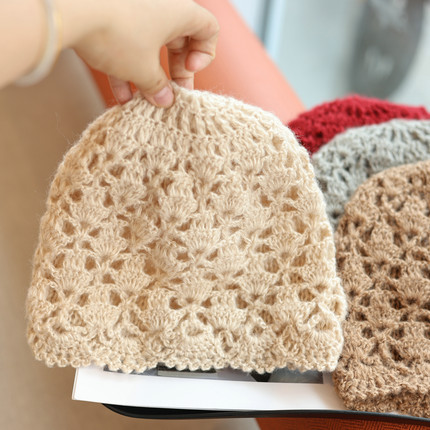 帽范 秋冬款~复古文艺扇形钩花双层加厚毛线帽手工保暖百搭包头帽