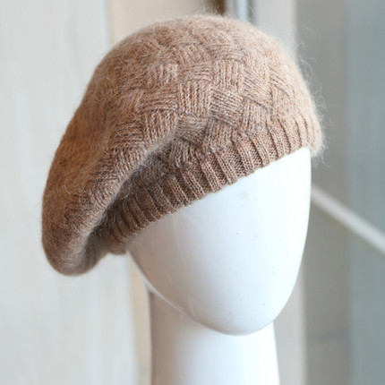 帽范 日系60%羊毛针织贝雷帽秋冬复古百搭菱格纹休闲毛线画家帽女