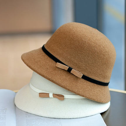 帽范 撞色小蝴蝶结甜美赫本缝羊毛针织盆帽秋冬复古简约百搭礼帽