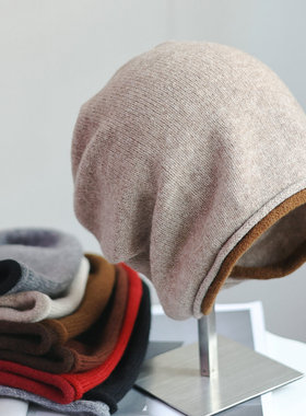 帽范 100羊毛~日韩拼色卷边松弛感堆堆冷帽秋冬休闲简约细针织帽