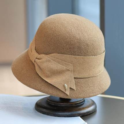帽范 简约气质蝴蝶结小标羊毛混纺盆帽秋冬百搭复古优雅渔夫帽女