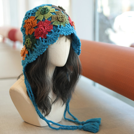 帽范 秋冬款~森系旅行风彩色钩花护耳针织帽优雅保暖双层毛线帽女