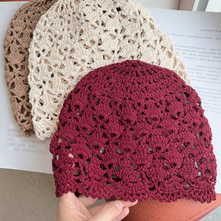 帽范 春夏手工镂空钩花复古包头帽文艺百搭休闲出游拍照针织帽女