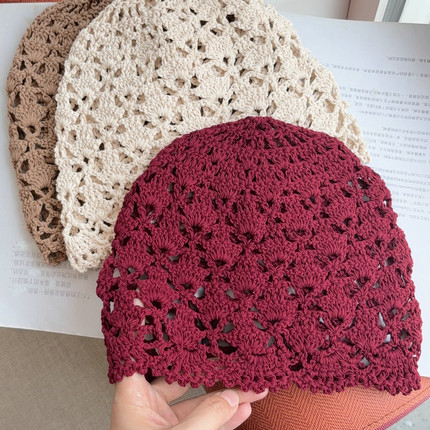 帽范 春夏手工镂空钩花复古包头帽文艺百搭休闲出游拍照针织帽女