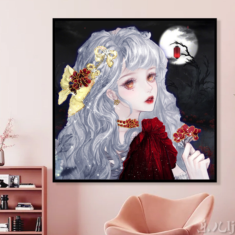 红玫瑰 2022新款卡通钻石画冷艳少女孩卧室十字绣线绣钻石绣人物