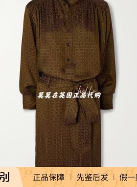 系腰带印花真丝衬衫式连衣裙