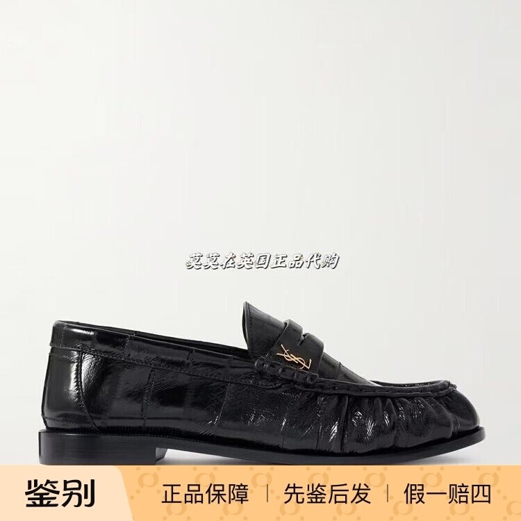 英国代购YSL圣罗兰 9折时尚百搭 徽标logo褶皱皮革黑色乐福鞋单鞋