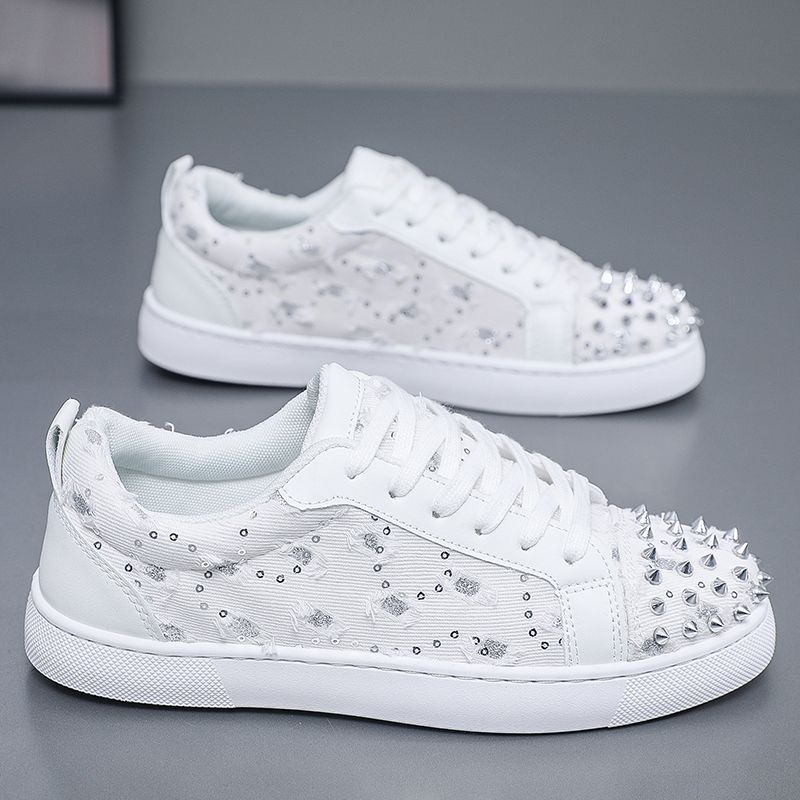 欧洲站潮流亮闪闪学生爆款铆钉情侣红底板鞋帆布破洞休闲轻奢潮鞋