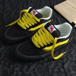 复古百搭黑色休闲滑板鞋 男女情侣鞋 skool黄黑撞色胖胖面包鞋 knu