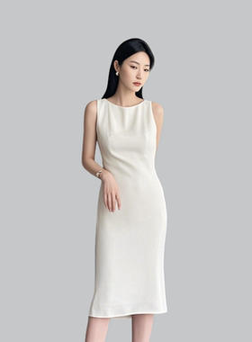 th白色鱼尾裙女修身中长款通勤气质职业上班裙子船领无袖连衣裙女