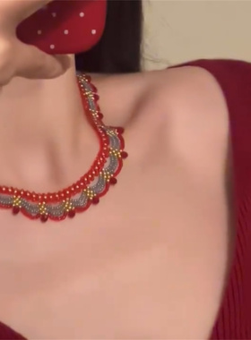 新中式撞色串珠项链女气质锁骨链