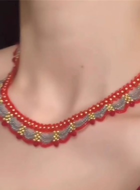 多层蕾丝串珠项链秋冬新款毛衣链